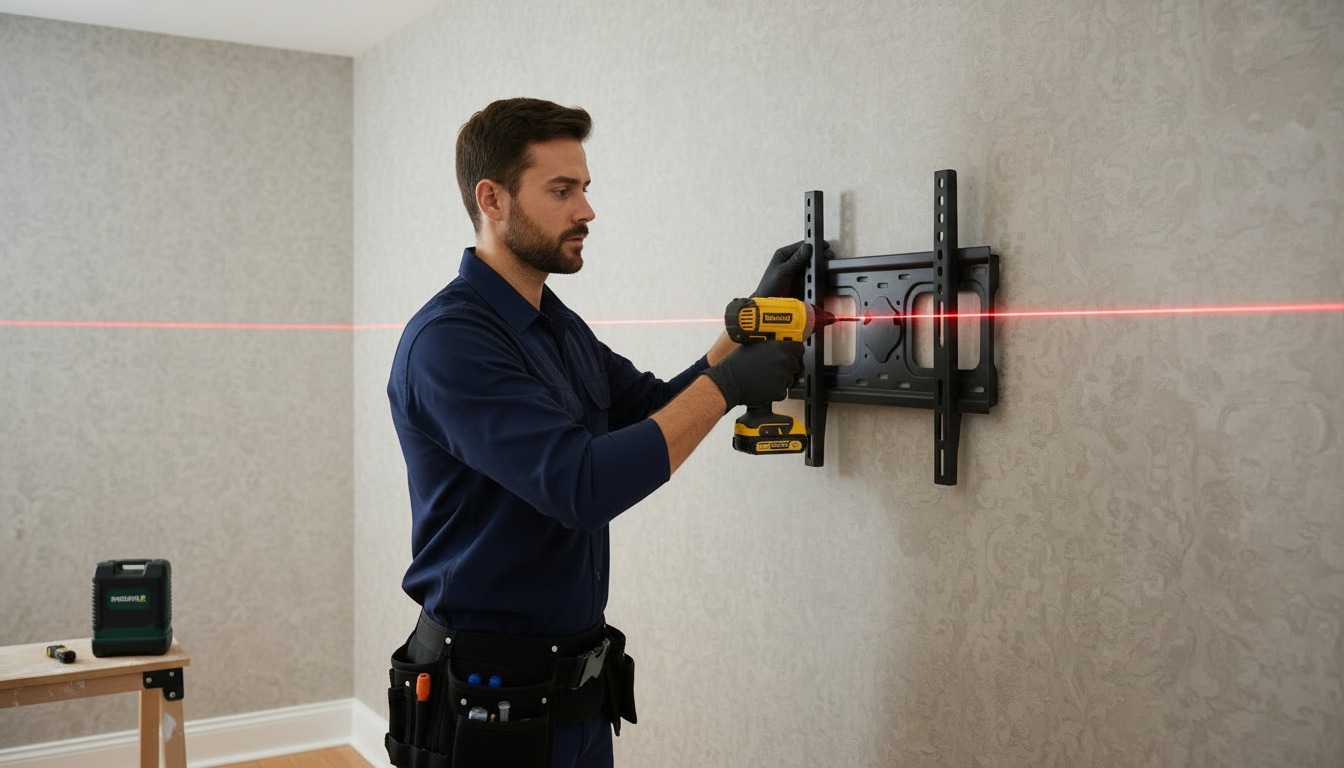 Profissional usando furadeira para instalação em parede