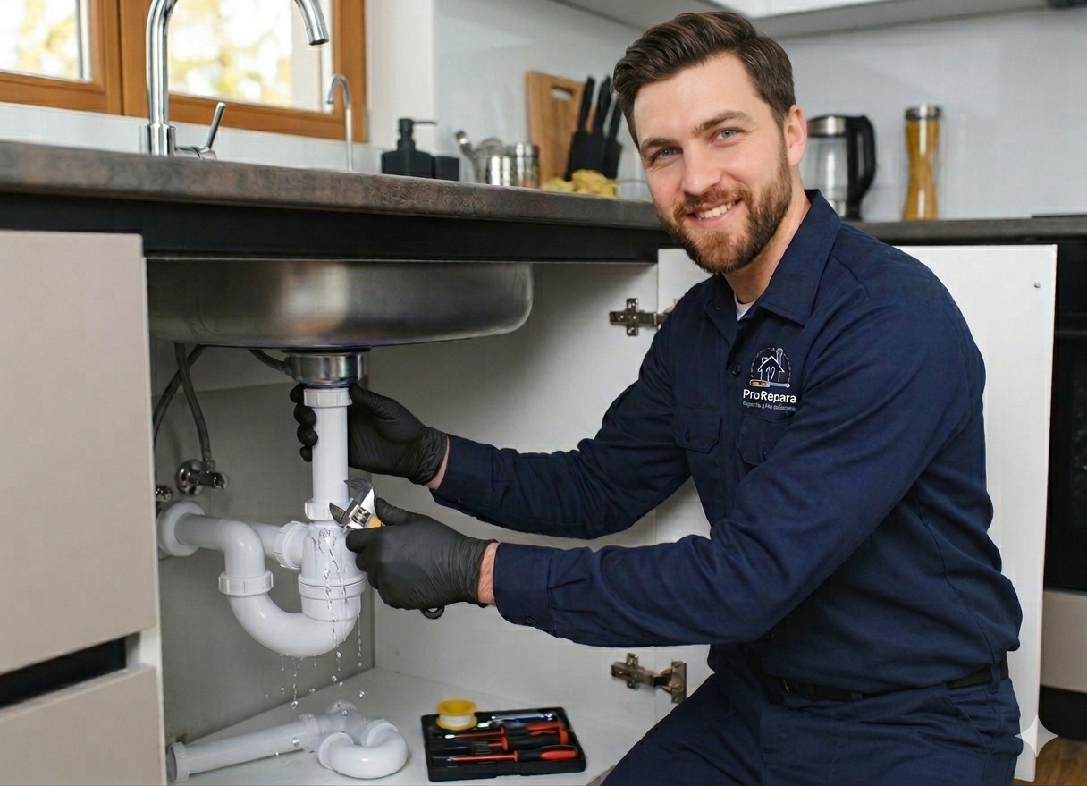 Encanador reparando tubulação sob pia